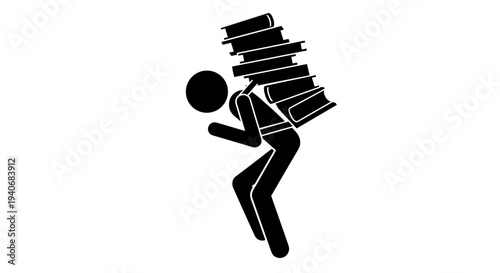 Stick Figure Carrying Heavy Stack of Books Representing Academic Burden
