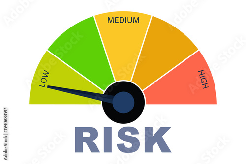 Pointer arrow on risk high meter. Risk management, gauge with arrow. Speedometer is low