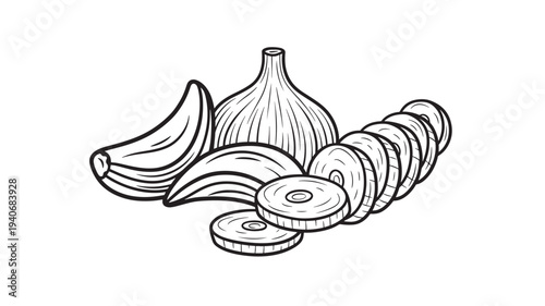 Garlic bulb with cloves and sliced pieces isolated on white background in a line drawing style for culinary design