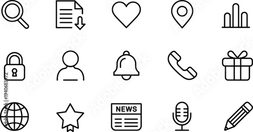 Modern minimal line icons set for user interface including search, download, heart, location, analytics, lock, user, notification, phone, gift