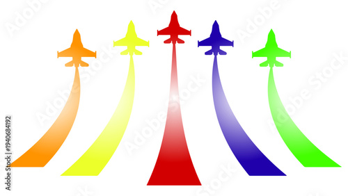 Five colorful jet fighter silhouettes performing air show with rainbow smoke trails on white background.