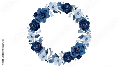 Royal Midnight Blue Watercolor Floral Wreath with Navy and Silver Leaves