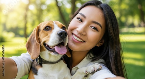Asian woman taking a selfie with a beagle dog in a park. Happy girl embracing her pet pet during a sunny day outdoor. Concept of animal friendship, love and companionship in nature.