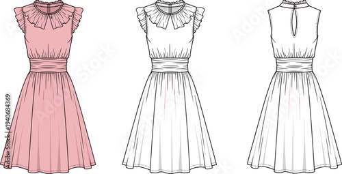 Women's Ruffle Collar Sleeveless Dress Fashion Technical Flat Sketch, Cinched Waist A-Line Party Dress CAD Drawing, Vector Illustration Apparel Template