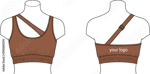 Women's Asymmetrical Sports Bra Technical Flat Sketch, One Shoulder Strap Crop Top CAD Drawing, Vector Illustration for Activewear Apparel Design