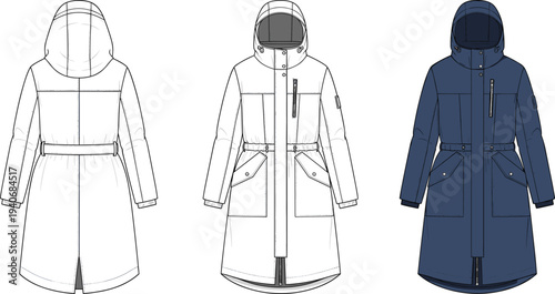 Women Hooded Winter Parka Jacket Technical Flat Sketch with Elastic Waistband and Pocket Detail CAD Drawing Flat Vector Illustration Adobe Stock