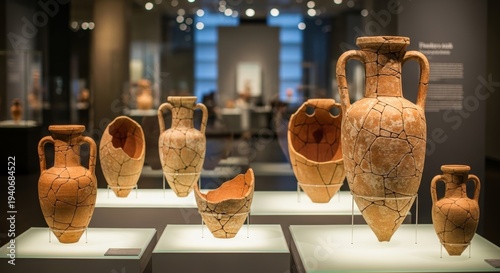 Collection of ancient amphorae and terracotta pottery in museum display. Archaeological artifacts of clay on exhibit. History and culture heritage exhibition in gallery interior.