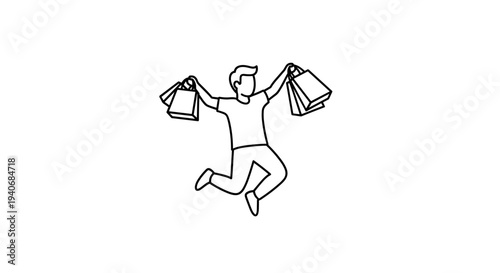 Happy Shopper Jumping with Bags - Black and White Line Art Icon
