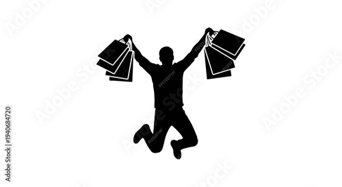 Happy Shopper Jumping with Shopping Bags Silhouette