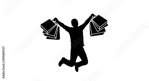 Happy Shopper Jumping with Shopping Bags Silhouette