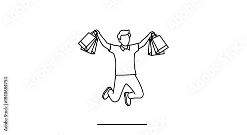 Happy Man Jumping with Shopping Bags - Minimal Line Art Icon