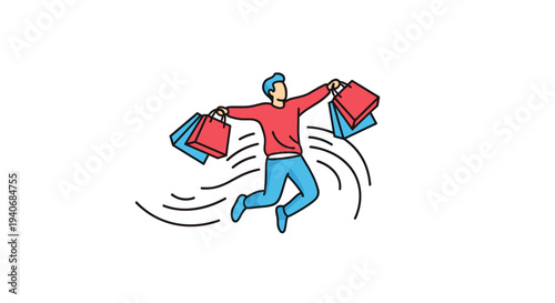 Joyful Man Jumping with Shopping Bags After Successful Retail Spree