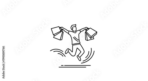 Happy Shopper Jumping with Shopping Bags - Line Art Icon