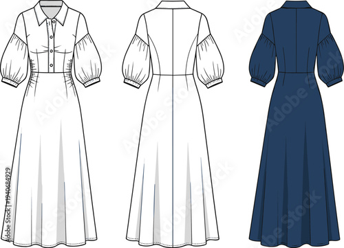 Womens Button Down Puff Sleeve Maxi Dress CAD Drawing Front and Back View Flat Vector Illustration Fashion Design Technical Template