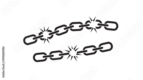 Chains broken with sharp starbursts symbolizing severance or destruction, depicted in a simple black iconographic style.