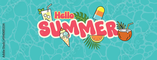 summer tropical horizontal banner and summer background for social media cover banner with ice cream cone coconut drink popsicle watermelon slice and tropical leaves on turquoise swimming pool water