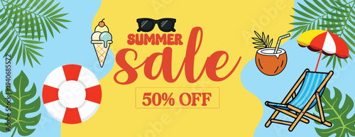 summer tropical horizontal banner and summer background for social media cover banner Summer sale 50% off banner with ice cream, sunglasses, deck chair, coconut drink and tropical leaves background
