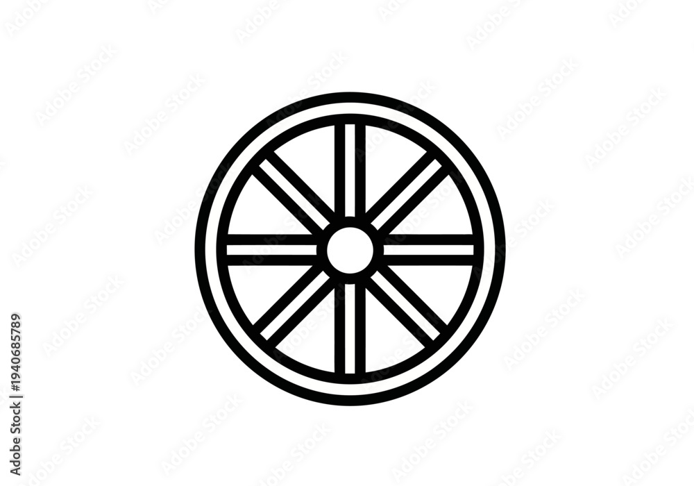 Obraz premium Black and white line drawing of a wheel with eight spokes and a central hub