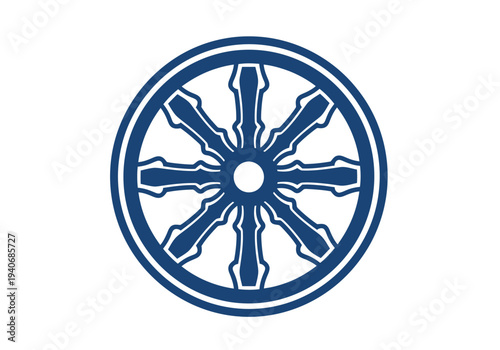 A stylized dark blue wheel symbol with twelve intricate spokes on a white background