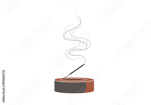 A lit stick of incense emitting grey swirling smoke above a circular holder