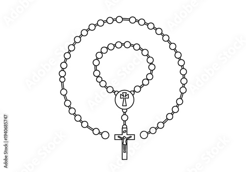 Black and white line drawing of a Catholic Rosary featuring two circular bead arrangements and a crucifix
