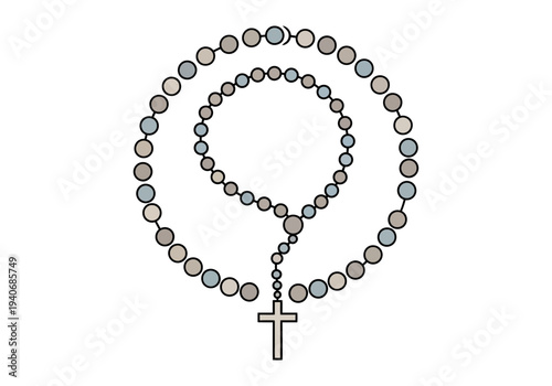 A stylized illustration of a Catholic rosary with two looped strands and a crucifix