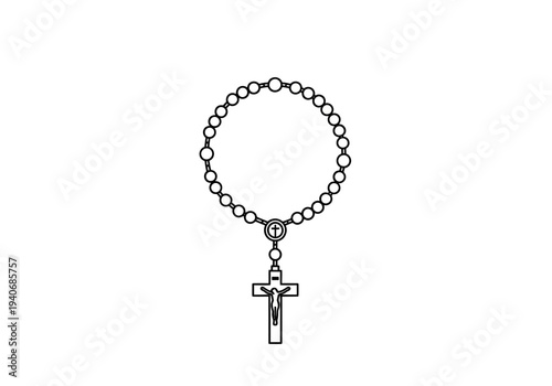 Black and white line drawing of a Catholic rosary with a crucifix pendant
