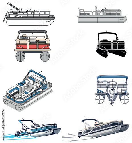 Pontoon Boat Vector Set with Multiple Angles, Front Side Top and Isometric Views, Recreational Marine Watercraft Clipart Collection