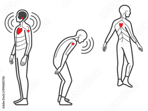 People experiencing heart pain and discomfort in various poses