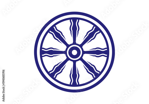 Blue Dharma wheel symbol with twelve spokes on a white background