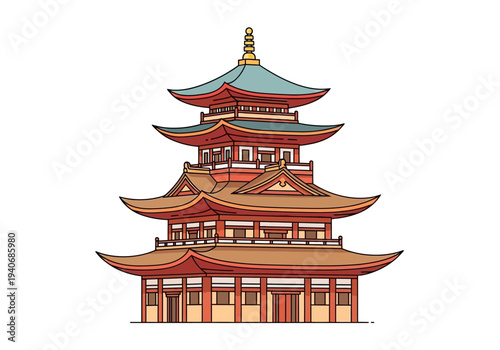 Cartoon illustration of a multitiered red and teal East Asian pagoda structure