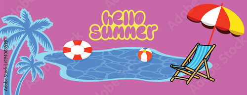summer tropical horizontal banner and summer background for social media cover banner Summer vacation banner, blue swimming pool palm trees beach chair with umbrella lifebuoy, beach ball for promotion