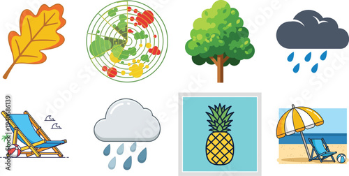 Set of Eight Seasonal Vector Icons Featuring Autumn Oak Leaves Green Summer Trees Rain Clouds Pineapple Fruit and Tropical Beach Vacation Elements