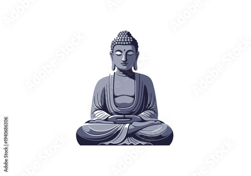 Stylized seated Buddha statue in meditation pose rendered in shades of gray on white