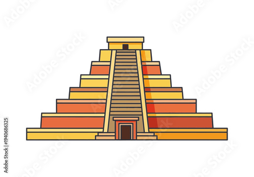 Stylized stepped pyramid illustration with central stairway and two doorways