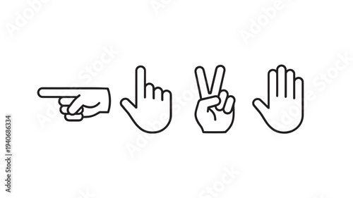 Hands making different gestures including pointing, one finger up, peace sign, and open palm. featuring hand, gesture, icon with symbol and victory