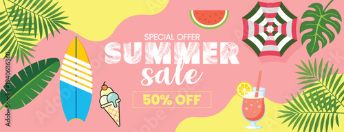 summer tropical sale banner and summer background for social media cover header banner Special offer summer sale discount banner with surf board ice cream tropical leaves and umbrella background
