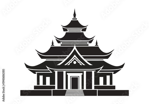 Black and white silhouette of a tiered multiroofed East Asian temple structure