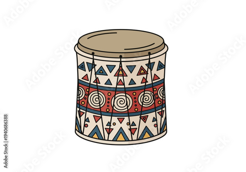 A cylindrical drum with tribal geometric patterns and a beige top
