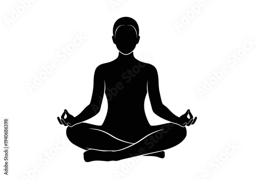 Black silhouette of a person meditating in a crosslegged lotus position on a white background