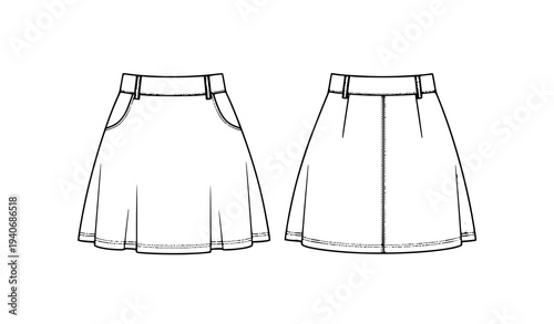 Women Flared Mini Skirt Technical Fashion Illustration CAD Template