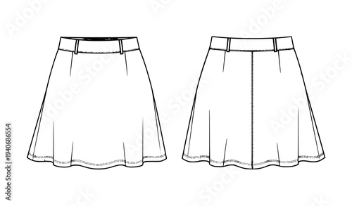 Photos Women Flared Mini Skirt Flat Sketch Technical CAD Mockup