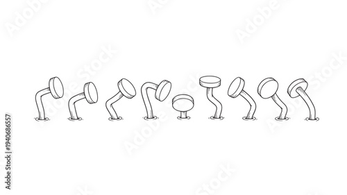 Nails bent in various directions sticking out from the ground in a rough line, black and white hand-drawn illustration.