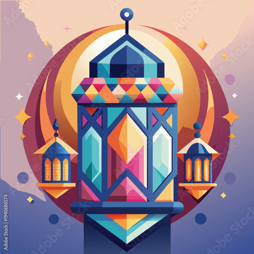 Modern Geometric Ramadan Lantern Composition with Crescent Moon and Stars Minimalist Islamic Flat Vector