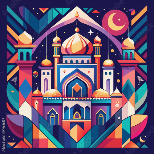 Ramadan Mubarak Poster with Abstract Geometric Mosque Icon and Colorful Symmetrical Islamic Design Vector