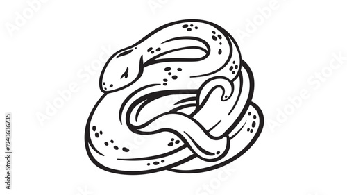 Snake coiled with stylized spots in a black and white graphic illustration with a white background featuring serpent, reptile, monochrome with design