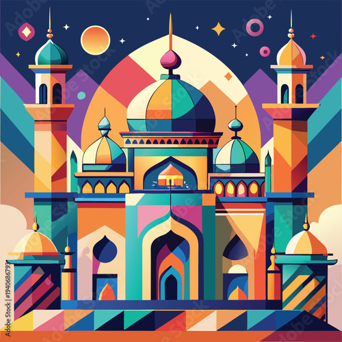 Abstract Geometric Mosque Illustration Ramadan Mubarak Greeting Vector