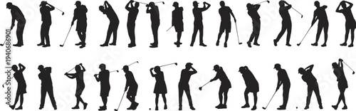 golf, players, silhouettes, swing, putting, collection, vector, illustration, sport, athlete, icons, isolated, white, background, design, set, action, club, outdoor, clipart