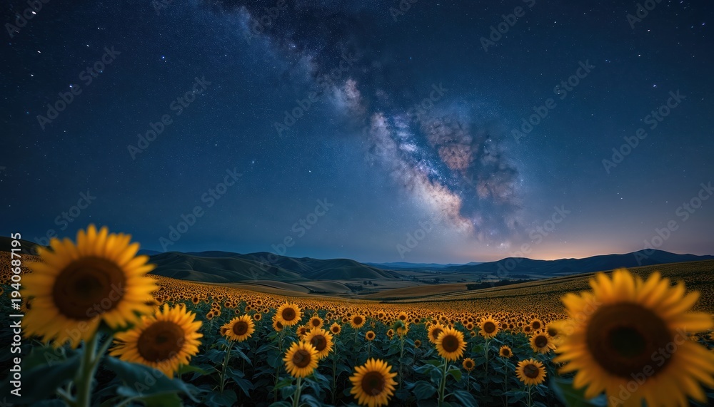 Fototapeta premium Field of sunflowers under the night sky. The Milky Way galaxy stretches across the dark blue expanse above rolling hills. Yellow flowers bloom at twilight. Beautiful nature landscape.