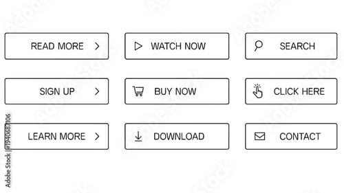 Buttons with icons and text labels for web navigation including read more, watch now, sign up, buy now, learn more, download, search, click here, and